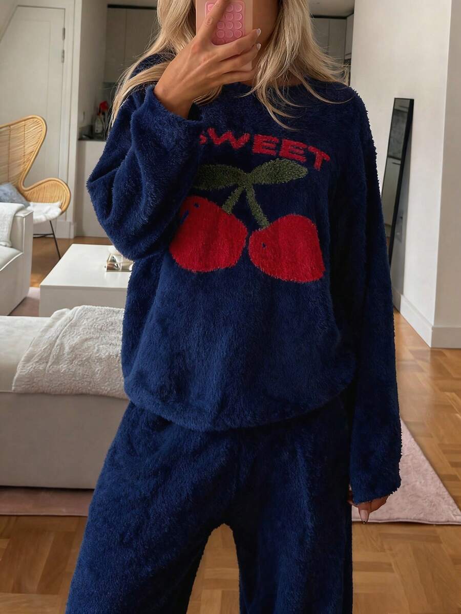 Livesso 樱桃印花宽松针织长袖上衣和裤子两件套睡衣套装,女士秋冬睡衣 - 藏蓝色 - 查看 1