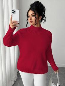 Elenzga Áo len cổ lọ tay dài dáng rộng thoải mái cho nữ, cỡ lớn, phù hợp làm áo khoác ngoài mùa thu/đông - Đỏ - Xem 8