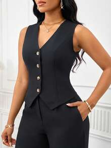 SHEIN Lady Bộ 2 món áo vest và quần dài màu trơn thanh lịch dành cho nữ - màu đen - Xem 7