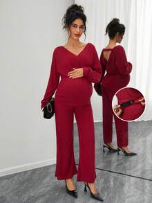 SHEIN 2pcs Maternity Casual Ribbed V-Neck Top & Pants Set - Red - View 1