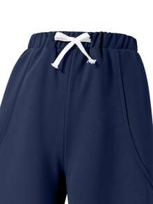 SHEIN 1 pieza Pantalón de pierna recta de unicolor para niña preadolescente, suave y cómodo, diseño simple fácil de combinar, adecuado para la escuela, actividades al aire libre y otoño/invierno - azul real - Ver 5