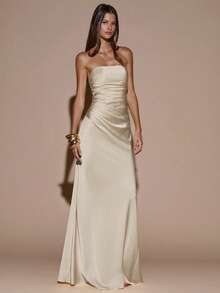 SHEIN BAE 秋冬季女士性感简约纯色奶油黄褶皱露背美人鱼连衣裙，适合派对、鸡尾酒会、正式场合、伴娘礼服、生日礼服、缎面长裙、圣诞节、宴会、商务休闲等场合。 - 杏色 - 查看 6