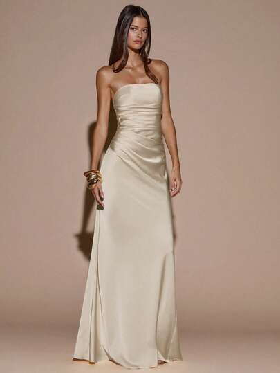 SHEIN BAE Women's Elegant Cream Satin Mermaid Dress, Backless Ruched Strapless Long Gown For Summer Dining,Parties,Cocktail,Prom,Formal Occasion&Bridesmaid