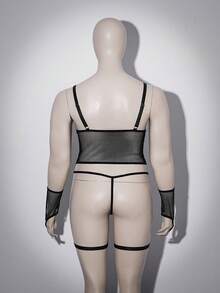 SHEIN Conjunto de 6 piezas de lencería sexy de talla grande con rejilla clásica, parte delantera calada y sujetador con aros - Negro - Ver 2