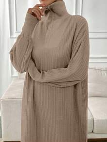 EURMUSE Long Sweater Dresses With Zipper Details,Petite - Camel - View 4