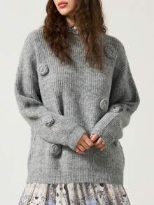 MYSTAURA Casual Round Neck 3D Floral Loose Knit Sweater, Autumn/Winter - Grey - View 5