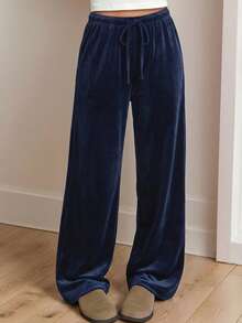 SHEIN Teen Girl Pink, Casual,Knit Loose Fit Trousers For Spring, Summer, Autumn And Winter,Home Wear - Navy Blue - View 6