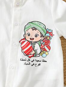 SHEIN 2件套新生男宝宝可爱卡通印花短袖连体衣和围巾套装，适合正式场合、生日派对、锐舞派对、晚宴、演出、婚礼、满月庆祝、洗礼和一周岁生日等场合。 - 彩色 - 查看 8