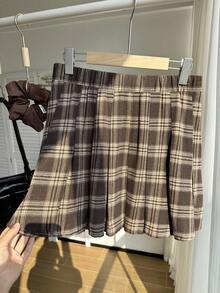 Comfortcana 大码复古格子褶皱 A 字裙 - 棕色 - 查看 4