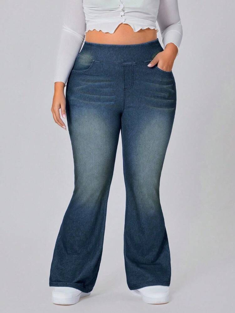 Flexra Pantalones de punto lavados versátiles y casuales para mujer de talla grande - Neblina azul - Añade 6
