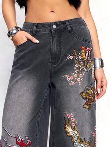 ROMWE Quần jean ống đứng dáng dài Y2K cỡ lớn, thêu họa tiết Trung Hoa mới của J-FASHION - màu đen - Xem 3