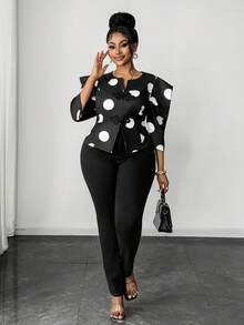 Maweii Große Größen Retro Chinesischer Stil Lässig Polka Dot Muster Hemd - Schwarz - Übersicht 5