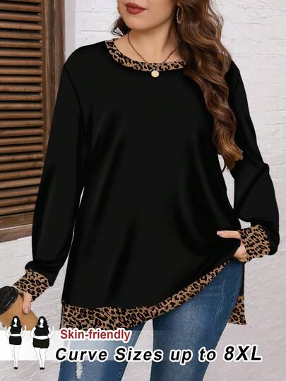 SHEIN CURVE+ 大码休闲撞色拼接侧开衩卫衣，秋季假日