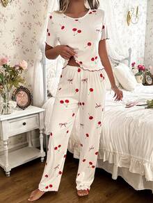 SHEIN 女士睡衣套装，罗纹面料，蝴蝶结装饰，可爱樱桃印花短袖上衣和长裤。 - 白色 - 查看 7