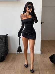 Coolane 女士黑色针织露肩修身连衣裙（1件） - 黑色 - 查看 2