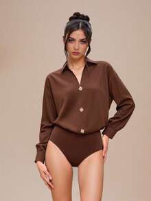 INAWLY Women's Solid Color Button Decor Fashionable Versatile Long Sleeve Bodysuit - Coffee Brown - View 3