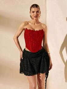 SHEIN BAE 夏季海滩度假纯色蕾丝文胸上衣，适合日常约会、夜间外出、夜店、派对、聚会、鸡尾酒会、泳池派对、返校季服装、学期服装、假日服装、办公通勤服装，束身胸衣 - 紅色 - 查看 5