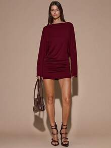 SHEIN BAE Abito mini autunnale/invernale in colore marrone/caffè, a maniche lunghe, con scollo profondo e schiena scoperta, sexy e morbido, adatto per cocktail festa, appuntamenti romantici, raduni, eventi formali, damigella, uscite serali, Ognissanti, Natale - Bordò - Visualizzare 3