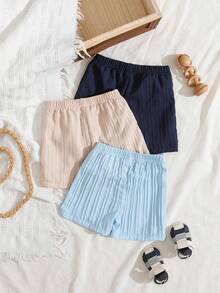 SHEIN 3件套男婴休闲度假宽松弹力腰带纹理编织短裤，适合日常休闲和度假穿着 - 彩色 - 查看 2