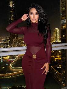 BamGleam 女士立领腰部金属花朵装饰系带优雅修身连衣裙，长袖 - 酒紅色 - 查看 6