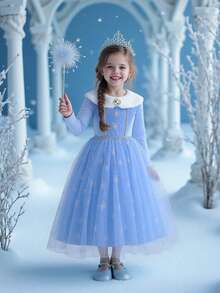 SHEIN Glamorique Kids 1pc Girls Spring/Autumn New 2025 Blue Velvet Faux Fur Collar Backless Snowflake Foil Print Mesh Panel Sash Decor Party Birthday Elegant Blue Dreamy Princess Dress Fall Winter Winter Snow Flake Pagent Dress For Girls Blue Princess Dress Girls Sparkly Light Blue Dress For Girls - Blue - View 1