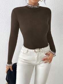 Firerie Damen Herbst/Winter Pullover mit Kunstperlen-Dekor, Rüschenkante, Stehkragen, Langarm, figurbetont, elegant - Kaffeebraun - Übersicht 6