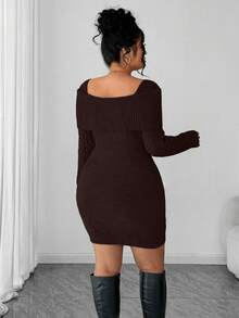 SHEIN Elenzya Women's Solid Color Off Shoulder Twist Knit Sweater Dress - Coffee Brown - View 2