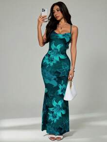 SHEIN PETITE Vestido floral con escote pronunciado y espalda descubierta para vacaciones - Verde - Ver 5
