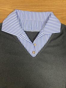 EMERY ROSE Women's Striped Patchwork Shirt Collar Long Sleeve Casual Blouse - Grey - View 4