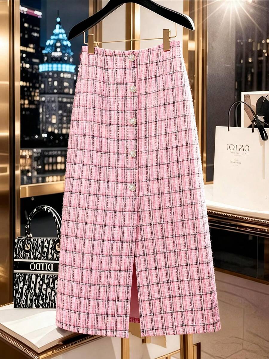 GlowEve CURVE Plus Size Women Wool Blend Button Decor Pencil Skirt - Pink - View 1