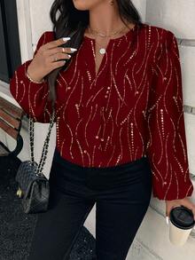 SHEIN Clasi 大码休闲印花翻领衬衫，秋季款 - 酒紅色 - 查看 6