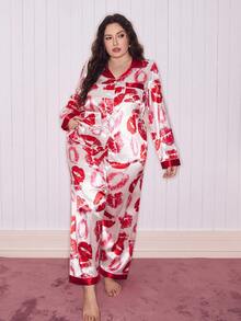 SHEIN Ensemble de pyjama grande taille à manches longues avec col à revers et imprimé lèvres en couleur contrastée - Multicolore - Voir 5