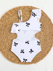 1 pieza Traje de baño cómodo con un solo hombro, volantes y lazo negro decorativo para niñas bebés, adecuado para playa, piscina, , surf, vacaciones y viajes de verano - Blanco y Negro - Ver 2