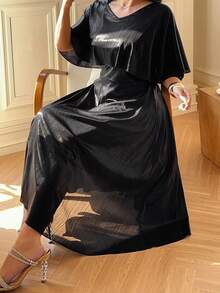 Dazy Plus Plus Size Women Solid Color Round Neck Poncho Style Sequin Waist Dress Maxi Dress Sundress - Black - View 6