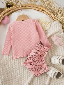 新生女宝宝可爱休闲针织粉色长袖上衣和心形图案松紧腰裤家居服套装 - 粉色 - 查看 2