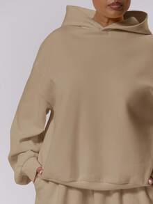 MUSERA Plus Size Fleece Hooded Sweatshirt , Winter, Back To School, Cute, Everyday, Casual, Coffee Club Curve Spring - Khaki - View 2