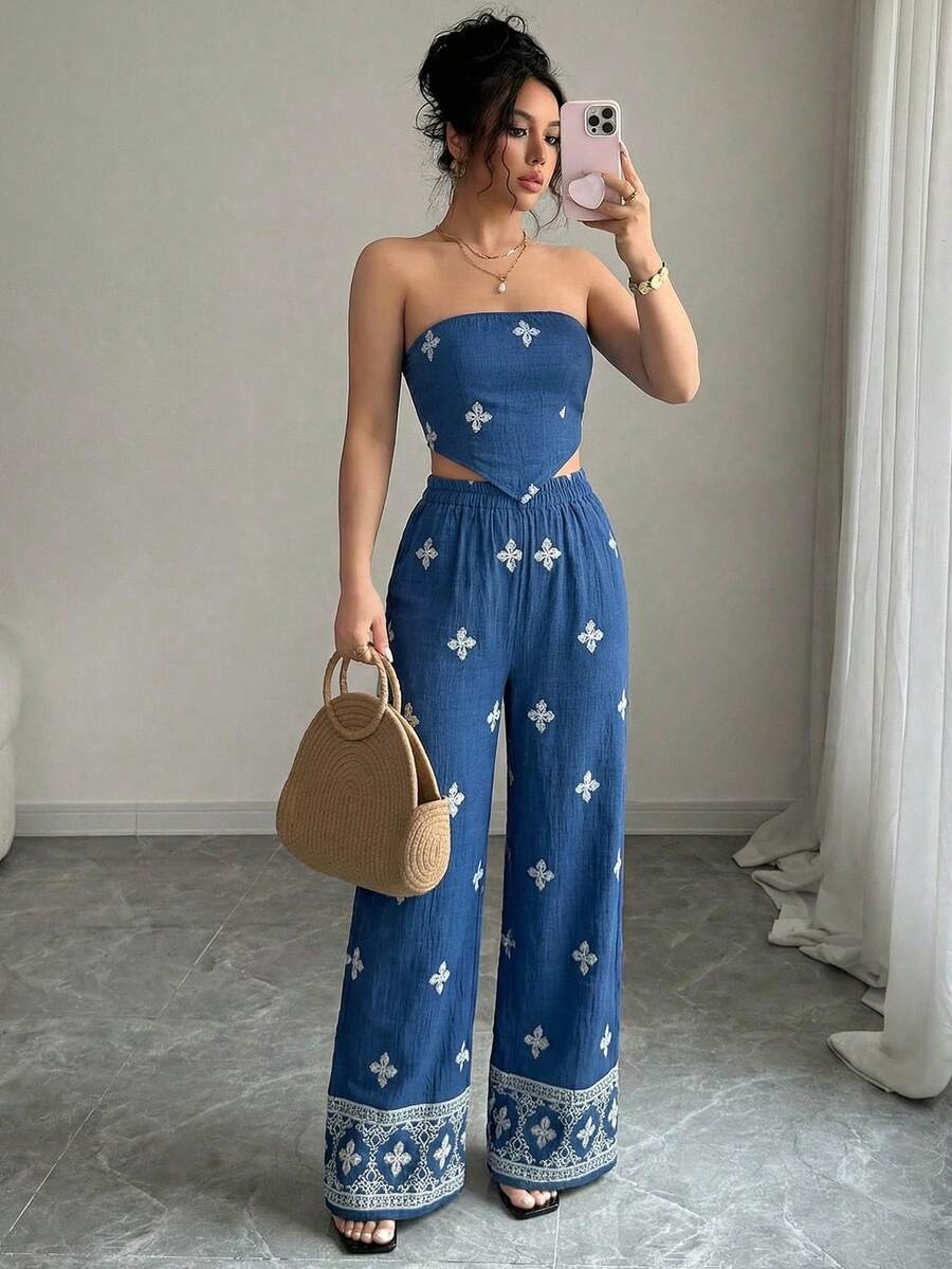 Elenzga 2件套 女士复古印花抹胸蝴蝶结优雅浪漫度假套装 - 藍白色 - 查看 1