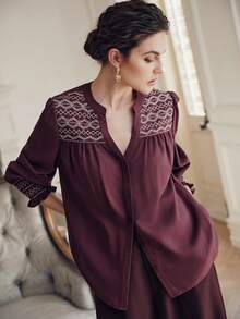 Anewsta Women's Elegant Pure Tencel Embroidered Floral Loose Blouse, Fashion & Modern, Spring/Summer - Red Violet - View 5