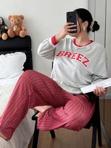 Dream Adore Plus Size Letter Print Contrast Color Casual Pajama Set - Multicolor - View 7