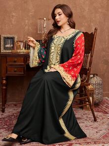 Al Najma 宽松长袖优雅传统粉笔印花图案长款连衣裙，适合春秋季穿着，大码尺码 - 彩色 - 查看 6