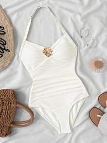 SHEIN Tween Girls Beige Halter Swimsuit, New Spring/Summer 2026 Collection, Beach Vacation & Casual Daily Fashion