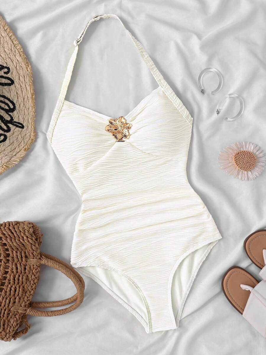 SHEIN Tween Girls Beige Halter Swimsuit, New Spring/Summer 2026 Collection, Beach Vacation & Casual Daily Fashion