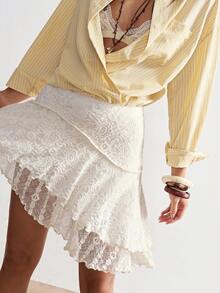 Bohemela Women's Spring/Summer Boho Elegant Romantic Vacation Beach Music Festival Western Sexy Fashion Floral Lace Layered Ruffle Mini White Skirt, Suitable For Date Night, Nightclub, Girlfriend Gathering, Birthday Party, Holiday Party, Valentine's Day Mini Skirt, Party Women, Beach Mini Skirt, White For New Year's Eve, Beach Skirt ,Casual Women, White Skirt - Apricot - View 3