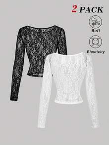 SHEIN MOD 两件套薄纱蕾丝长袖T恤，黑白两色