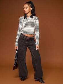 COUREZ Jeans de tiro bajo con ajuste holgado en lavado negro / Ropa casual de invierno Y2K Ropa de mujer de otoño Pantalones anchos lindos de tiro bajo - Negro - Ver 4