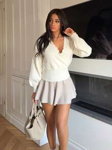 Ronhire Soft Rib Crochet Knit Crossover Detail Cinched Long Sleeve Top Only Fall Autumn Cosy Cute Casual Coffee Club Winter Christmas Elegant Evening Party - Cream - View 1