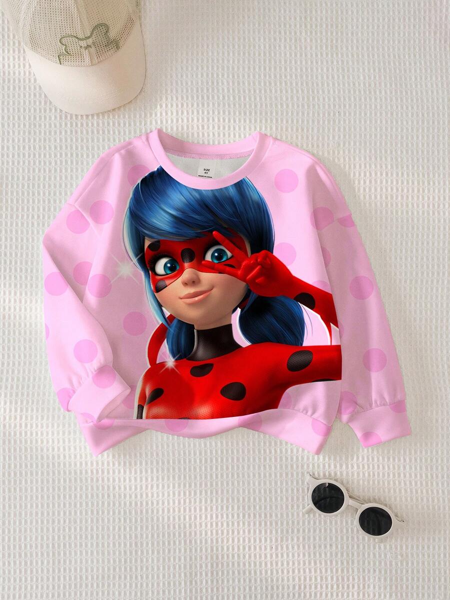 Miraculous Ladybug X SHEIN 少女卡通人物图案圆领卫衣，秋季休闲款 - 白色 - 查看 1