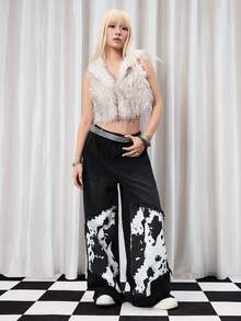 Y2Kool Jeans femme hiver nouvel an noir Y2K rétro américain vintage patch étoile déchiré jambe large sexy, pantalon en jean ample lavé ample pour automne, pantalon imprimé vache noir ample jeans emo, collection de vêtements tenue nouvel an gyaru coton jean graphique - Noir - Voir 5