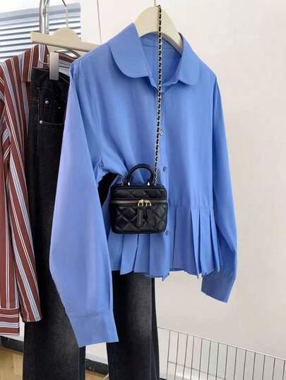 Franclia Plus Size Women Casual Versatile Commuter Solid Color Pleated Hem Blouse