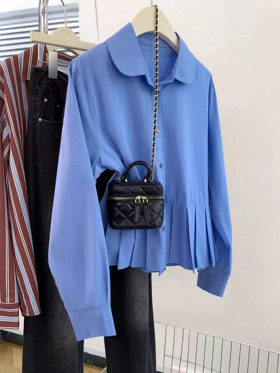 Franclia 大码女式休闲百搭通勤纯色褶裥下摆衬衫 - 藍色 - 查看 1